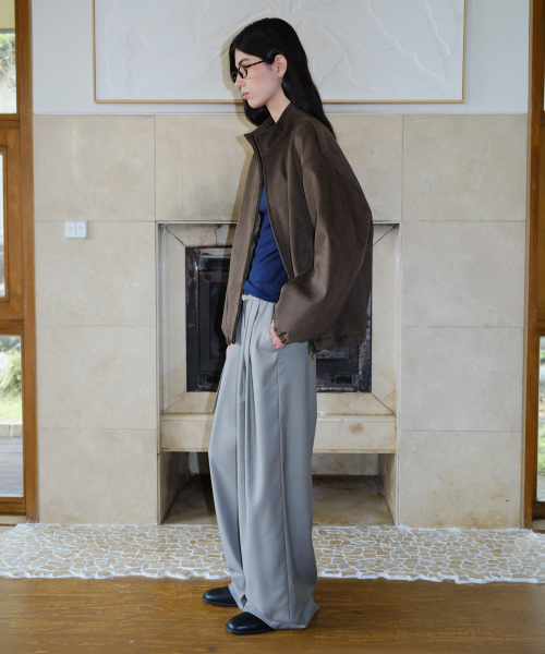 HIGH NECK SUEDE BLOUSON - DARK BROWN