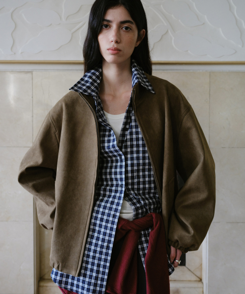 HIGH NECK SUEDE BLOUSON - KHAKI