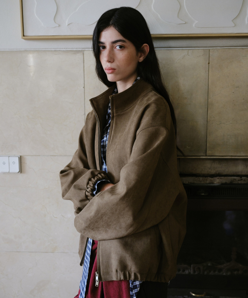 HIGH NECK SUEDE BLOUSON - KHAKI