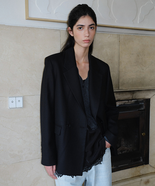 WOOL BLEND DOUBLE BLAZER - BLACK