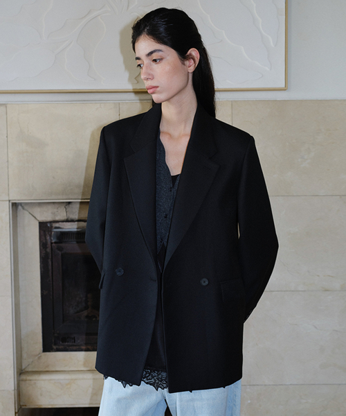 WOOL BLEND DOUBLE BLAZER - BLACK