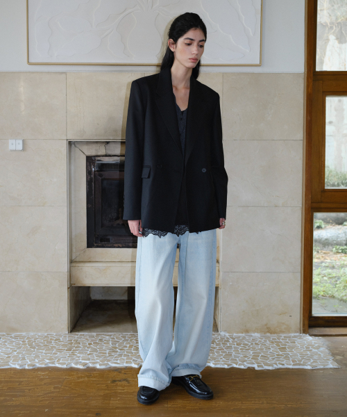 WOOL BLEND DOUBLE BLAZER - BLACK