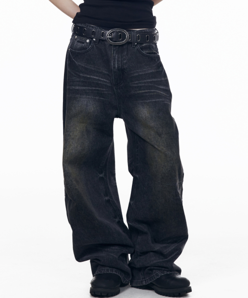 Washed Zipper Slit Denim Pants (Black)