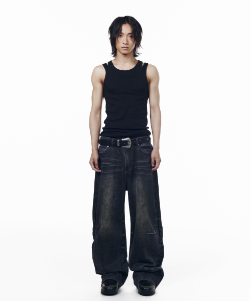 Washed Zipper Slit Denim Pants (Black)