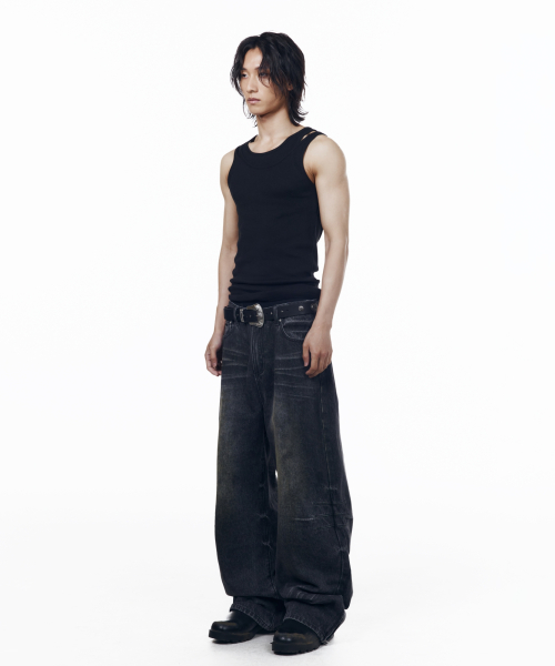 Washed Zipper Slit Denim Pants (Black)