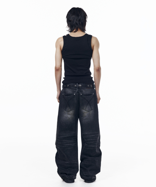 Washed Zipper Slit Denim Pants (Black)