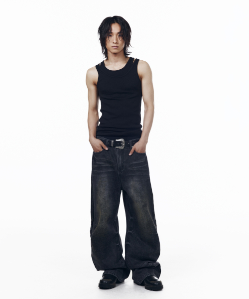 Washed Zipper Slit Denim Pants (Black)