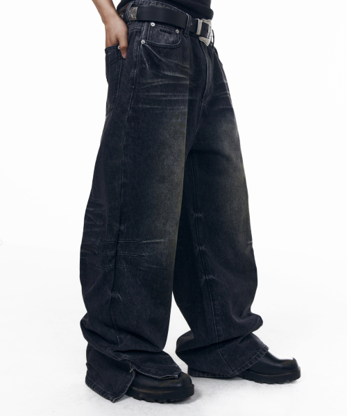 Washed Zipper Slit Denim Pants (Black)