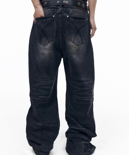 Washed Zipper Slit Denim Pants (Black)