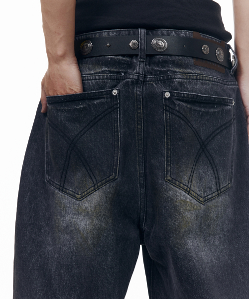 Washed Zipper Slit Denim Pants (Black)