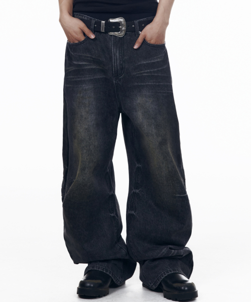 Washed Zipper Slit Denim Pants (Black)