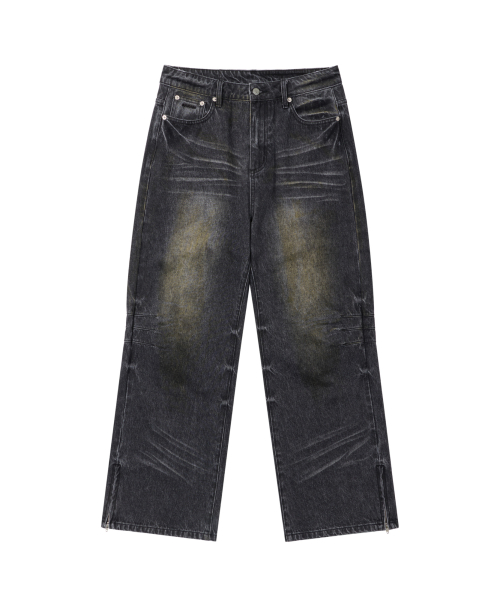 Washed Zipper Slit Denim Pants (Black)