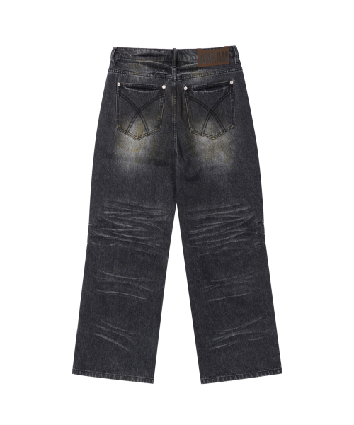 Washed Zipper Slit Denim Pants (Black)