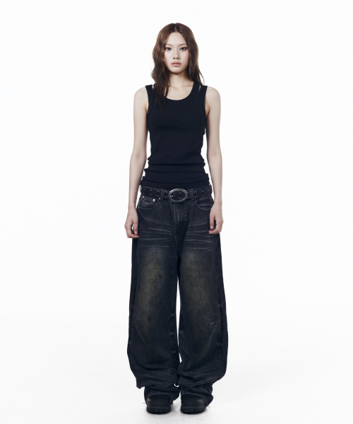 Washed Zipper Slit Denim Pants (Black)