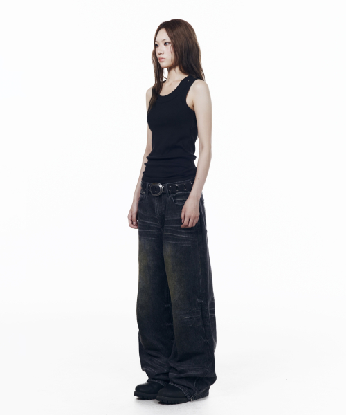 Washed Zipper Slit Denim Pants (Black)