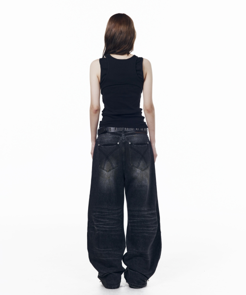 Washed Zipper Slit Denim Pants (Black)