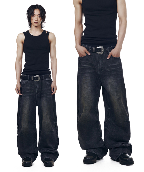 Washed Zipper Slit Denim Pants (Black)