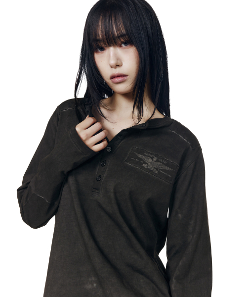Military Dyed Henry Neck Long Sleeve (Black)