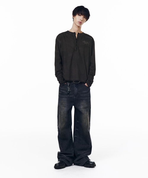 Military Dyed Henry Neck Long Sleeve (Black)