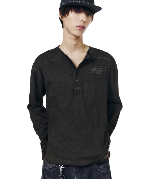 Military Dyed Henry Neck Long Sleeve (Black)