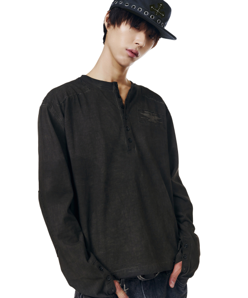 Military Dyed Henry Neck Long Sleeve (Black)