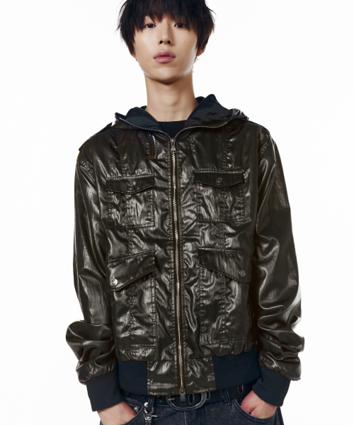 Coated Pocket Hooded Jacket (Olive)