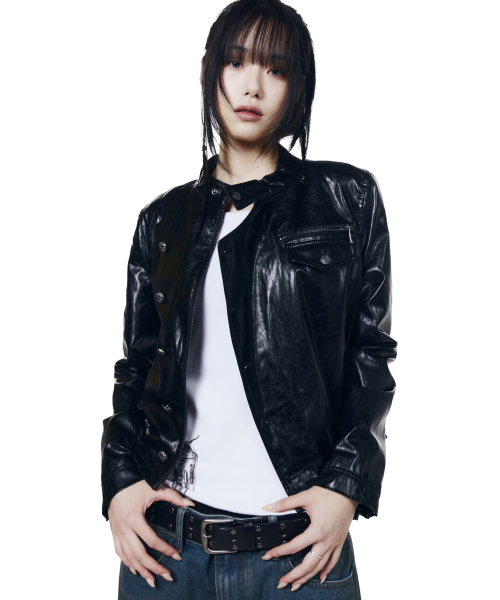 Slant Studded Leather Jacket (Black)