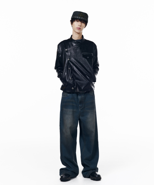 Slant Studded Leather Jacket (Black)