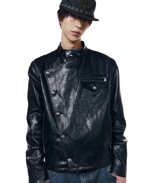 Slant Studded Leather Jacket (Black)