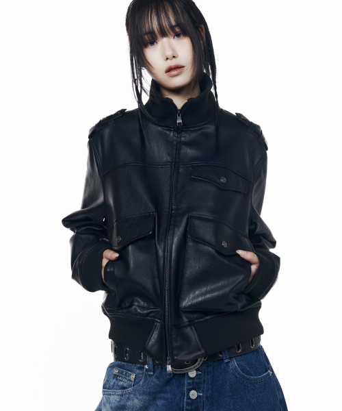 High Neck Flight Leather Jacket (Black)