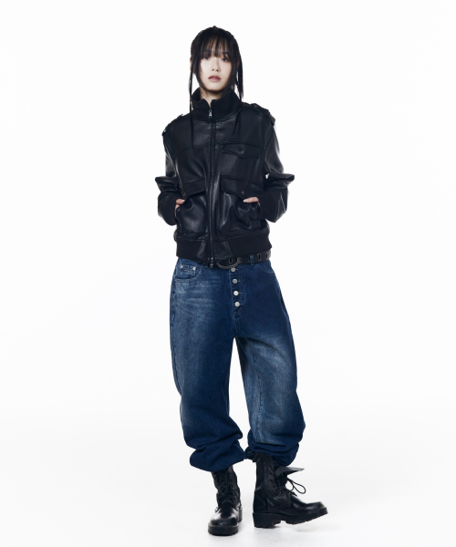 High Neck Flight Leather Jacket (Black)