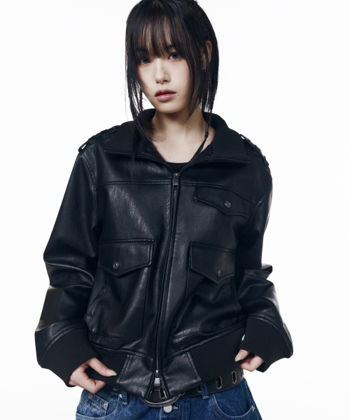 High Neck Flight Leather Jacket (Black)
