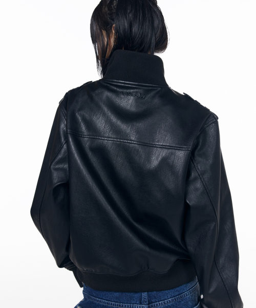 High Neck Flight Leather Jacket (Black)
