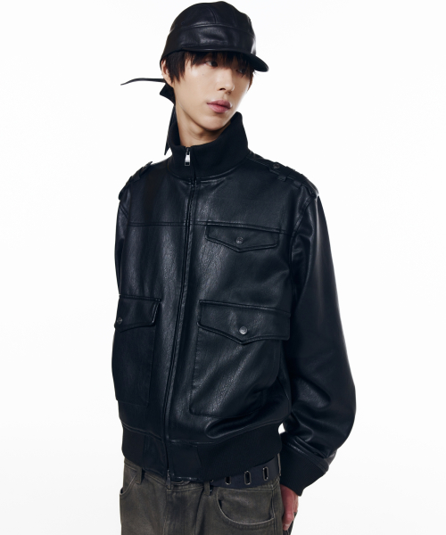 High Neck Flight Leather Jacket (Black)