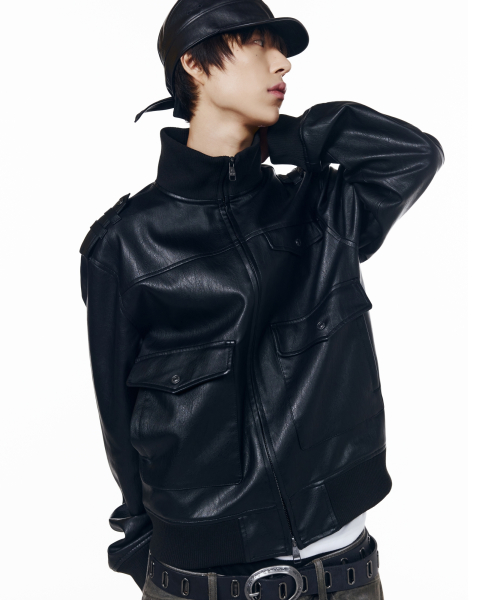 High Neck Flight Leather Jacket (Black)