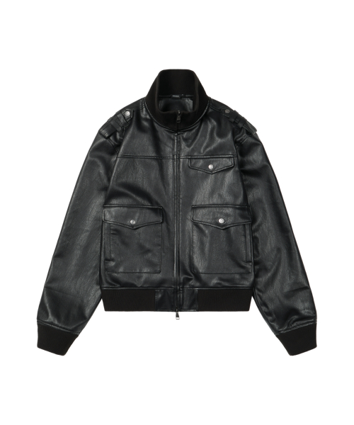 High Neck Flight Leather Jacket (Black)