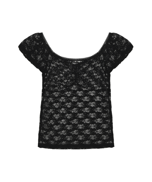 LACE SLEEVE BOAT NECK TOP_BLACK