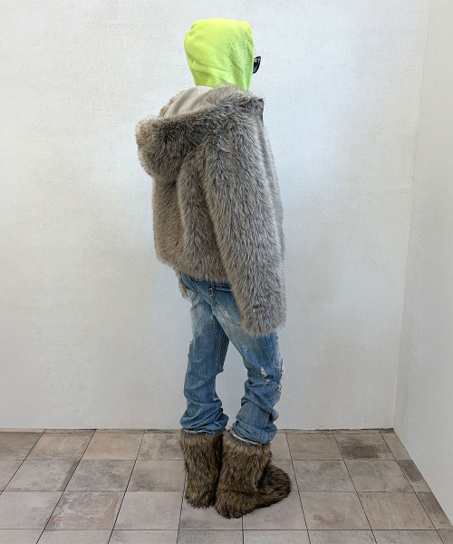 Faux Fur Hoodie Jacket Beige