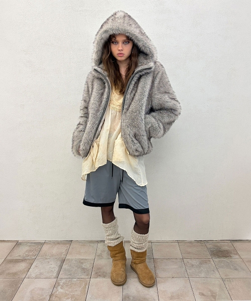 Faux Fur Hoodie Jacket Light Gray