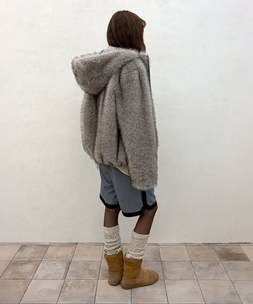 Faux Fur Hoodie Jacket Light Gray