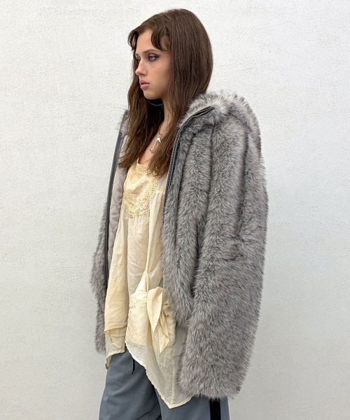 Faux Fur Hoodie Jacket Light Gray