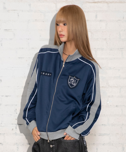 XJ140 슬림핏 아플리케 파이핑 트랙 집업 (NAVY)