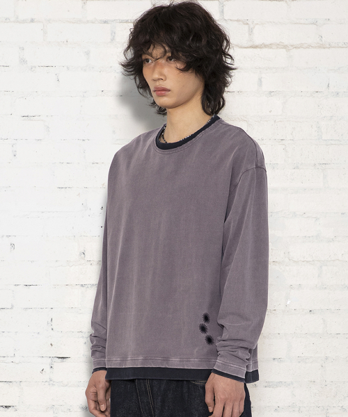 XTT168 더스트 워싱 레이어드 크롭 롱슬리브 (PURPLE/BROWN)