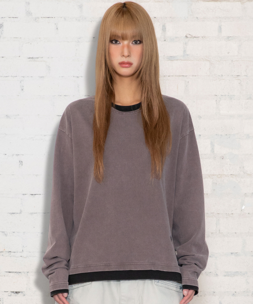 XTT168 더스트 워싱 레이어드 크롭 롱슬리브 (PURPLE/BROWN)