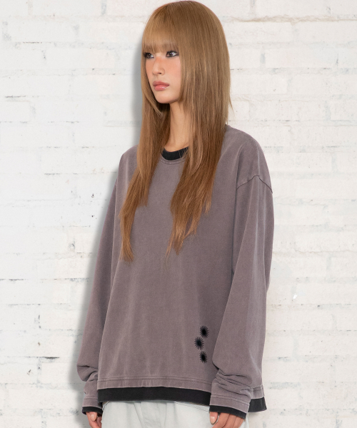XTT168 더스트 워싱 레이어드 크롭 롱슬리브 (PURPLE/BROWN)