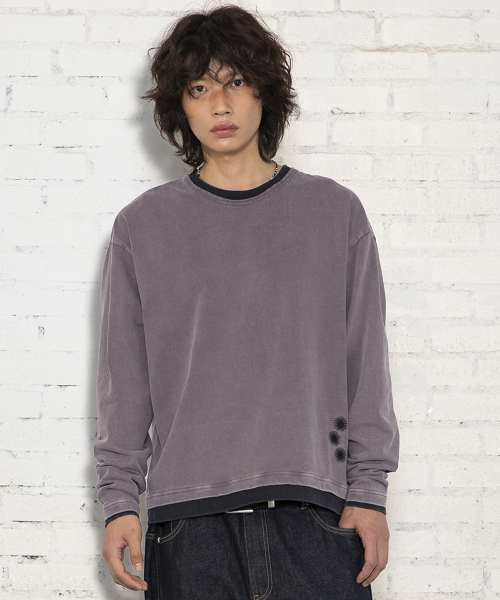 XTT168 더스트 워싱 레이어드 크롭 롱슬리브 (PURPLE/BROWN)