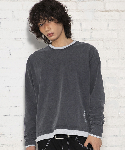 XTT168 더스트 워싱 레이어드 크롭 롱슬리브 (BLACK)