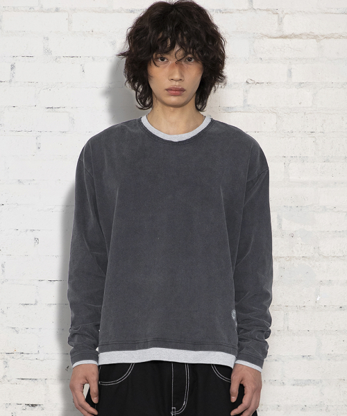 XTT168 더스트 워싱 레이어드 크롭 롱슬리브 (BLACK)