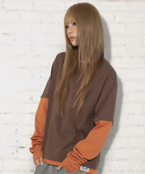 XTT166 롤업 레이어드 크롭 롱슬리브 (BROWN)