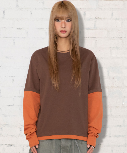 XTT166 롤업 레이어드 크롭 롱슬리브 (BROWN)